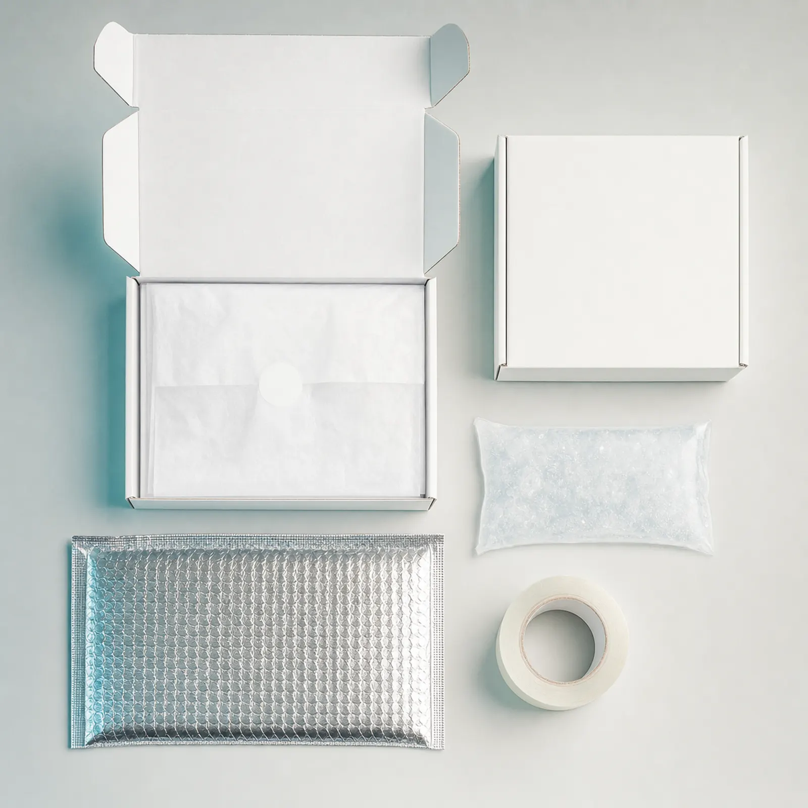 Overhead view of a packing station with a plain white mailer box, tissue paper, insulated liner, gel pack and tape