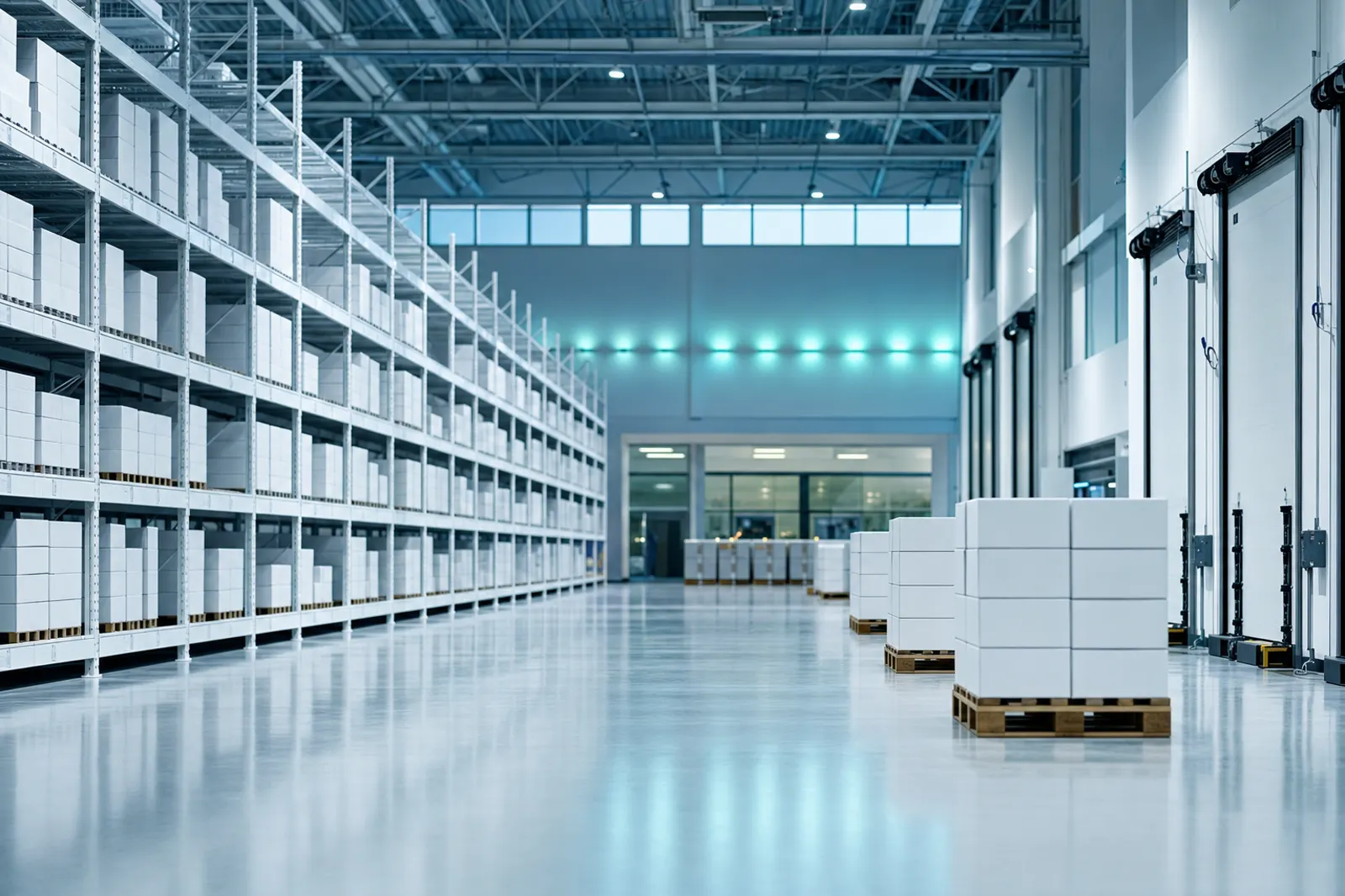 Interior of a clean, climate-controlled distribution facility with white racking and palletized cartons