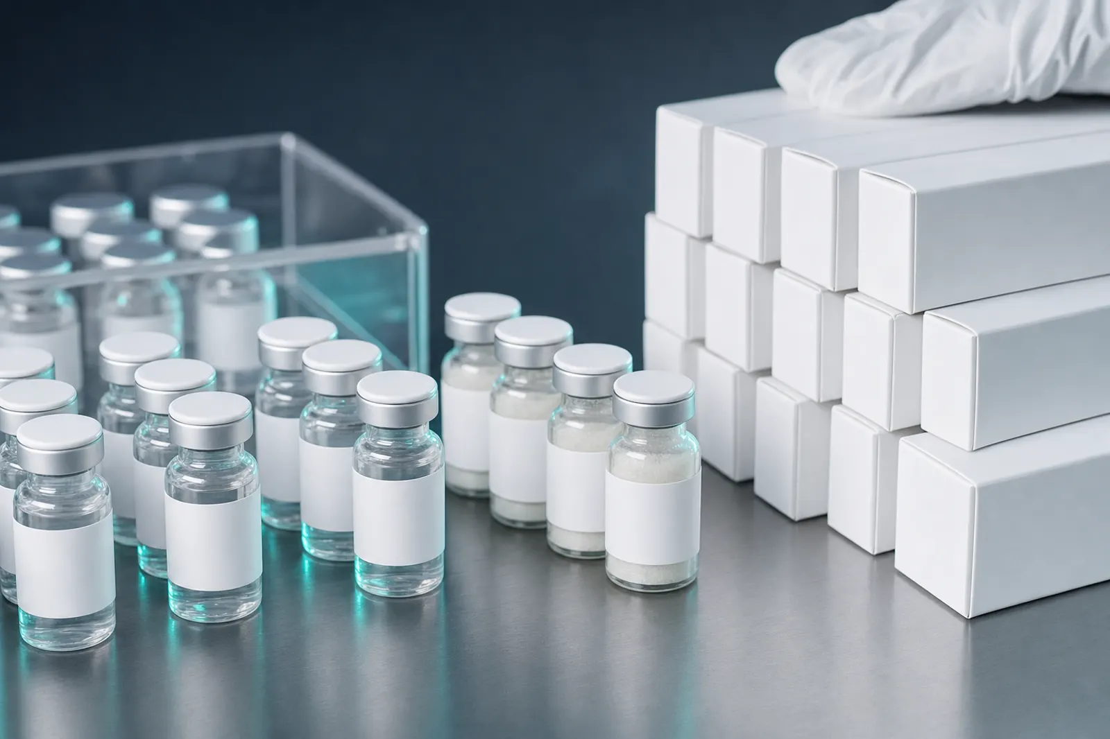 Rows of small unlabeled glass vials beside stacked plain white cartons on a stainless steel workbench